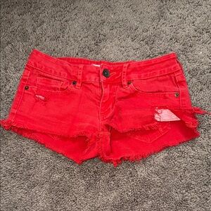 Bullhead Red Jean Shorts with Distressed Look
